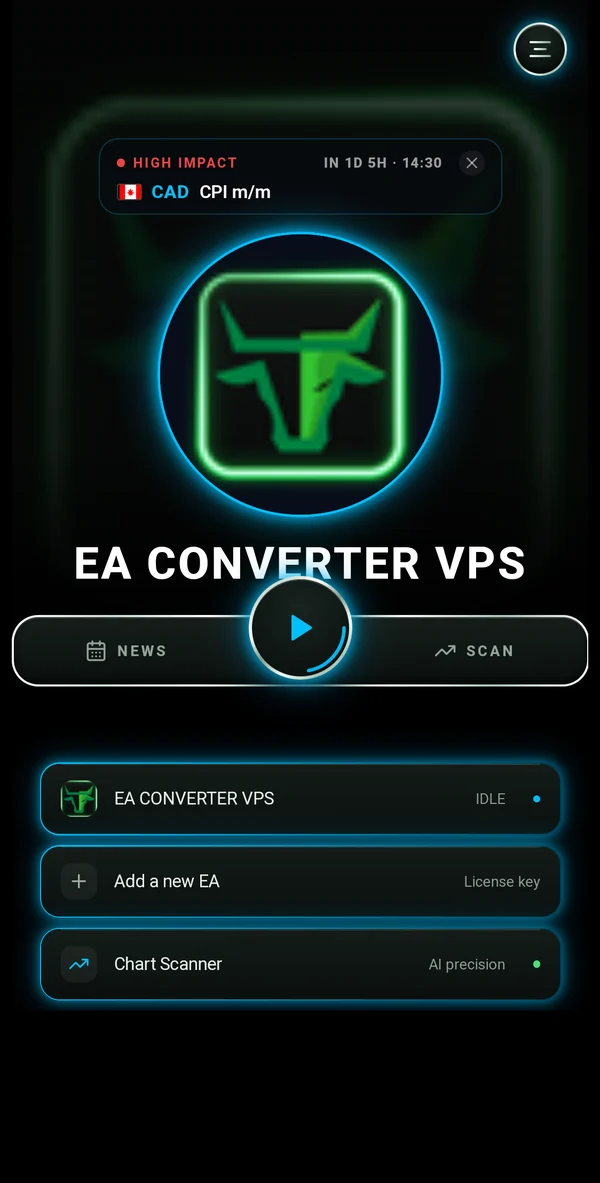 EA Converter app home screen with news alert, EA list and Chart Scanner